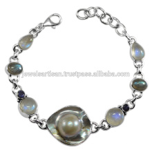 Blisterd Pearl And Multi Gemstone 925 Sterling Silver Bracelet Jewelry